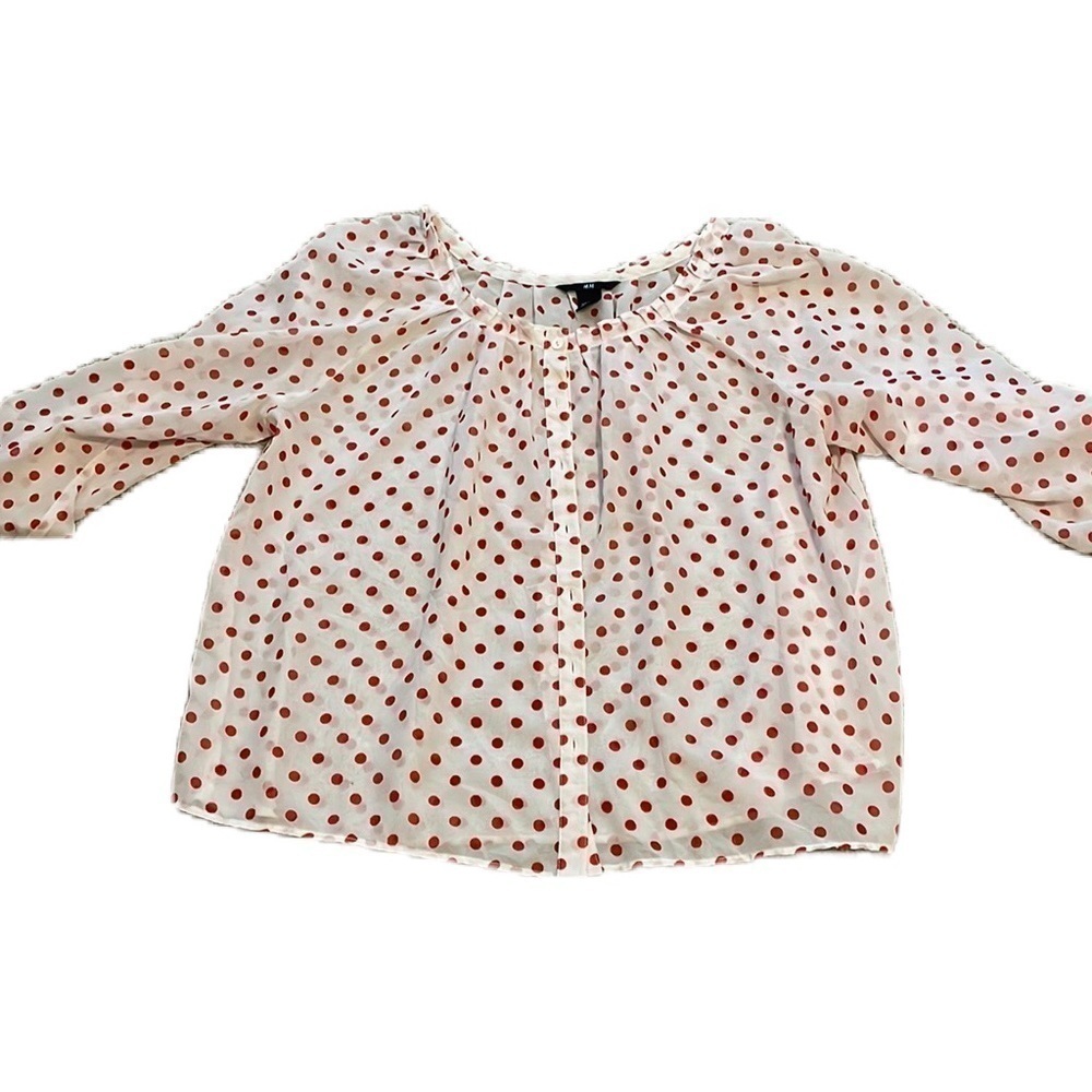 H&M Size 6 Sheer White Button Down Top Red Polka Dots Elbow Length Sleeves EUC